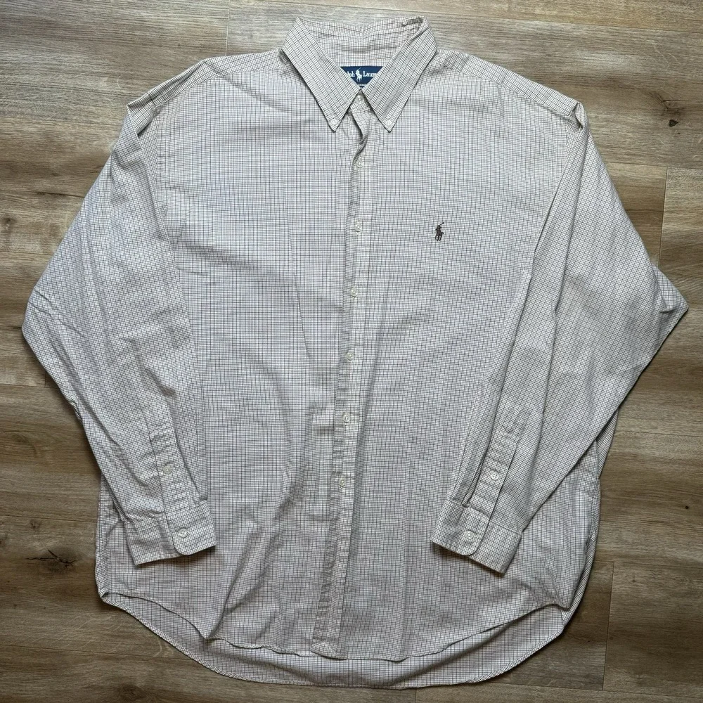 Polo Ralph Lauren L/S Oxford Button Front Shirt Mens 2XL Tan Gingham Check Blake